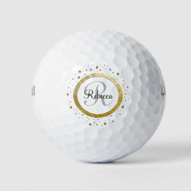 Monogram Gold Leaf Print Silver Confetti Golfball (Vorderseite)