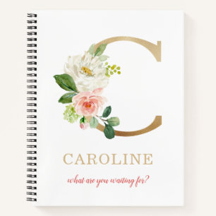 Monogram Gold Letter C   Blumenmotto oder Zitat Notizbuch