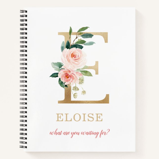 Monogram Gold Letter E | Blumenmotto oder Zitat Notizbuch (Vorderseite)