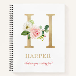 Monogram Gold Letter H | Blumenmotto oder Zitat Notizbuch