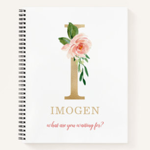 Monogram Gold Letter I Blumenmotto oder Zitat Notizbuch
