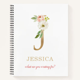 Monogram Gold Letter J | Blumenmotto oder Zitat Notizbuch