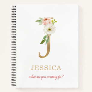 Monogram Gold Letter J   Blumenmotto oder Zitat Notizbuch
