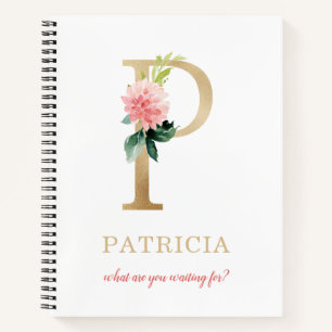 Monogram Gold Letter P   Blumenmotto oder Zitat Notizbuch