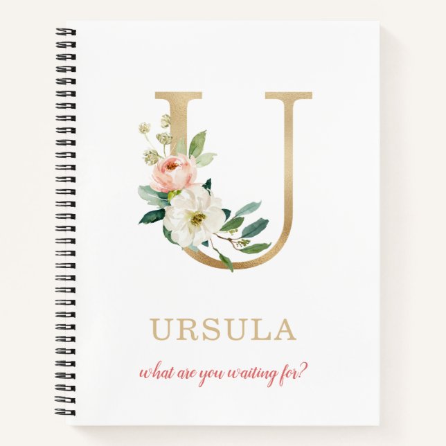 Monogram Gold Letter U | Blumenmotto oder Zitat Notizbuch (Vorderseite)