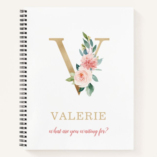 Monogram Gold Letter V | Blumenmotto oder Zitat Notizbuch (Vorderseite)