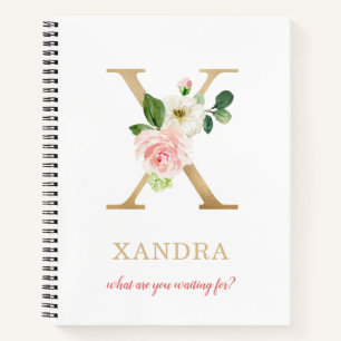 Monogram Gold Letter X   Blumenmotto oder Zitat Notizbuch