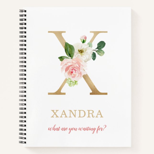 Monogram Gold Letter X | Blumenmotto oder Zitat Notizbuch (Vorderseite)