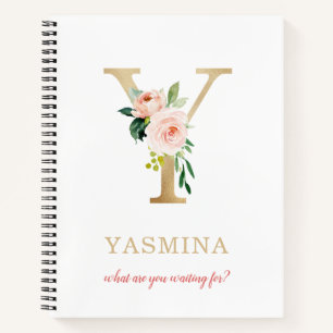Monogram Gold Letter Y Blumenmotto oder Zitat Notizbuch