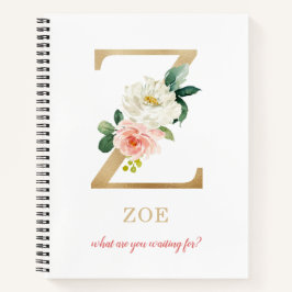 Monogram Gold Letter Z | Blumenmotto oder Zitat Notizbuch