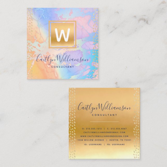 Monogram Gold lila Blue Aquarellmarmor-Skript Quadratische Visitenkarte (Vorne/Hinten)