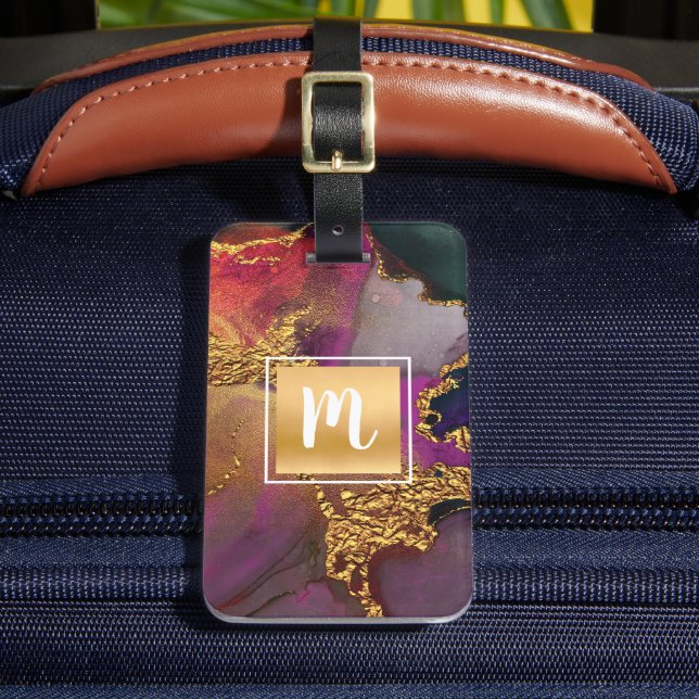 Monogram Gold lila-grüne Marmorfarbe Gepäckanhänger (Vorderseite Insitu 2)
