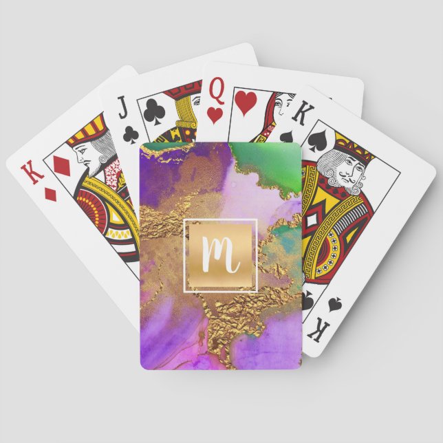 Monogram Gold lila grüner Marmor Aquarell fett Spielkarten (Rückseite)