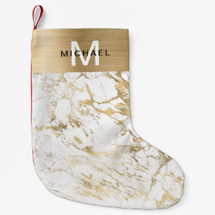 Monogram Gold Metallic White Marmor Kleiner Weihnachtsstrumpf
