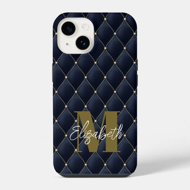 Monogram Gold Navy Muster iPhone 14 Hülle (Rückseite)