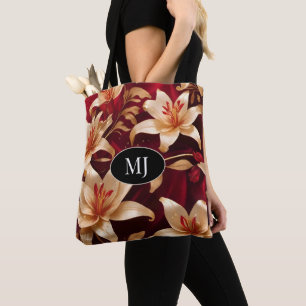 Monogram Gold Pink Lilie auf Roter Seide Tote Bag Tasche