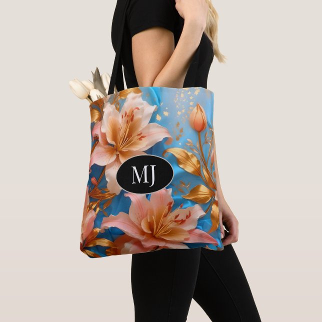 Monogram Gold Pink Lilie auf Sky Blue Silk Tote Ba Tasche (Von Nahem)