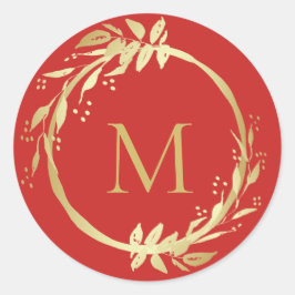 Monogram Gold Red Christmas Wreath Umschlag Aufkle Runder Aufkleber