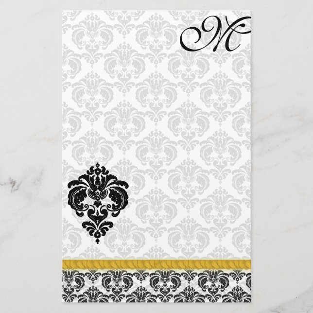 Monogram Gold Ribbon aus schwarzem und weißem Dama Briefpapier (Vorderseite)