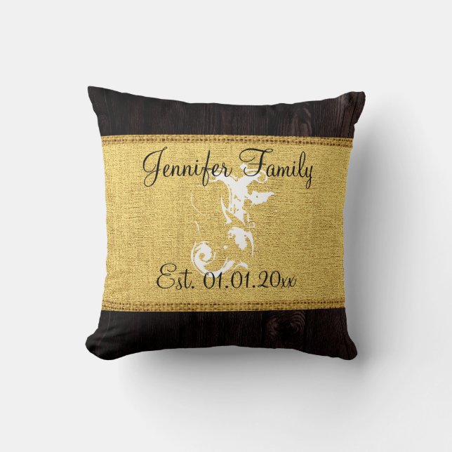 Monogram Gold Rustic Burlap Linen Wood Look Kissen (Vorderseite)