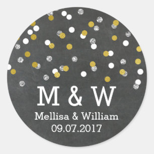 Monogram Gold Silver Confetti Gastgeschenk Hochzei Runder Aufkleber