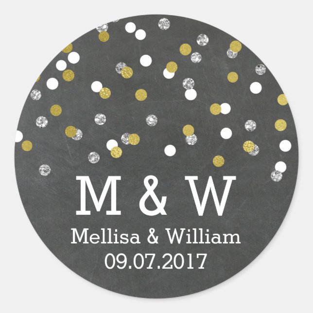 Monogram Gold Silver Confetti Gastgeschenk Hochzei Runder Aufkleber (Vorderseite)