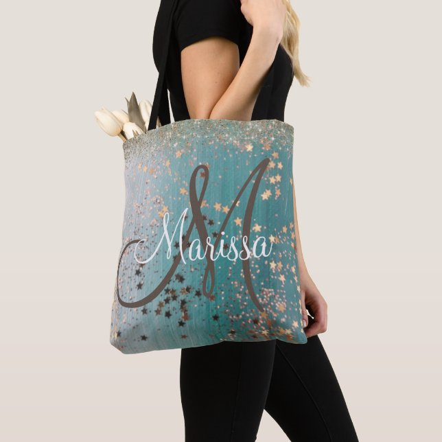Monogram Gold Stars auf Aquamarinem Glitzer Tasche (Von Nahem)