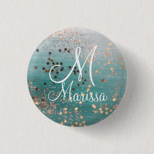 Monogram Gold Stars auf Aquamarinen Button
