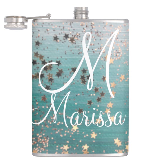 Monogram Gold Stars auf Aquamarinen Flachmann (Geöffnet)