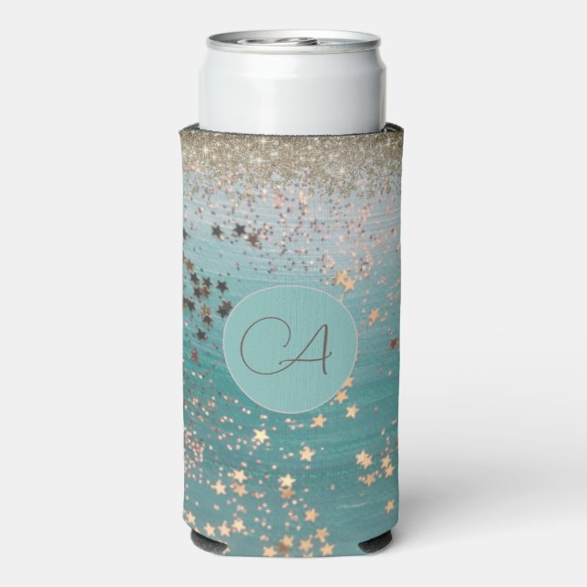 Monogram Gold Stars auf Aquamarinen Selters Dosenkühler (Seltzer Rückseite)