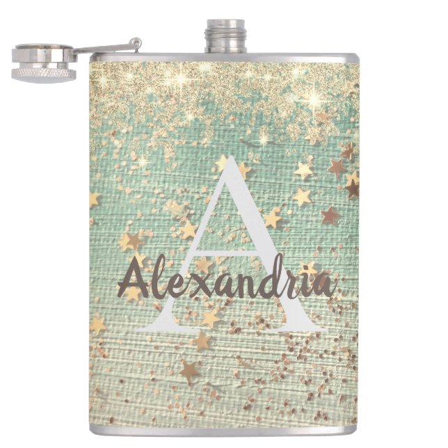 Monogram Gold Stars auf Sea Green Flask Flachmann (Geöffnet)