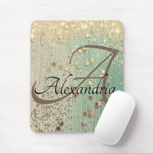 Monogram Gold Stars auf Sea Green Mousepad