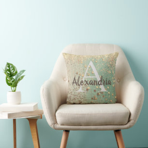 Monogram Gold Stars auf Sea Green Throw Kissen