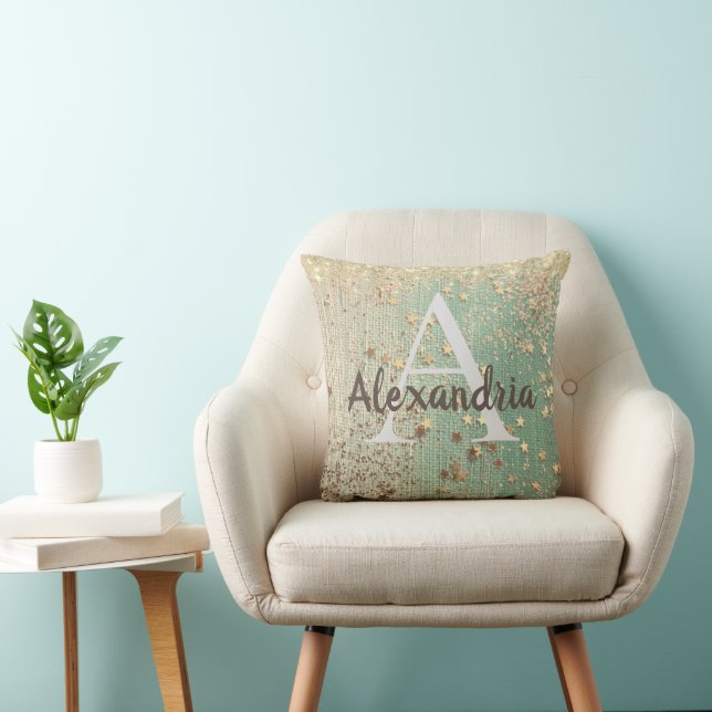 Monogram Gold Stars auf Sea Green Throw Kissen (Stuhl )