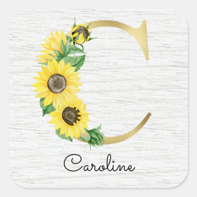 Monogram Gold Sunflower Girly Floral Initial C Quadratischer Aufkleber (Vorderseite)