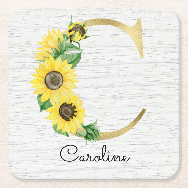 Monogram Gold Sunflower Girly Floral Initial C Rechteckiger Pappuntersetzer (Vorderseite)
