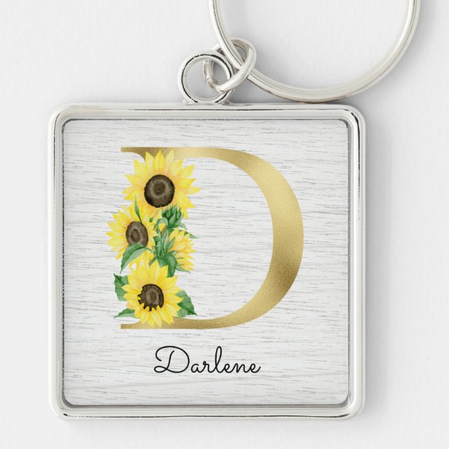 Monogram Gold Sunflower Girly Floral Initial D Schlüsselanhänger (Vorne)