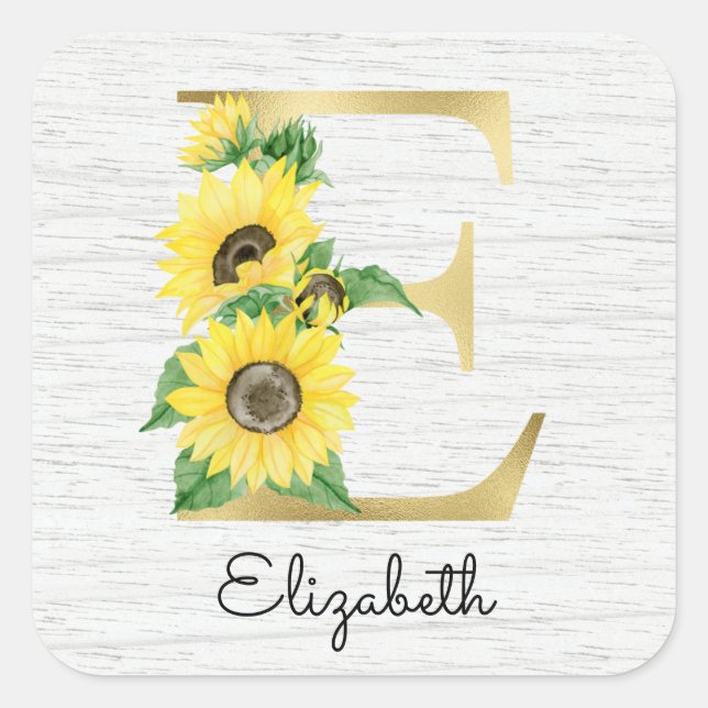Monogram Gold Sunflower Girly Floral Initial E Quadratischer Aufkleber (Vorderseite)