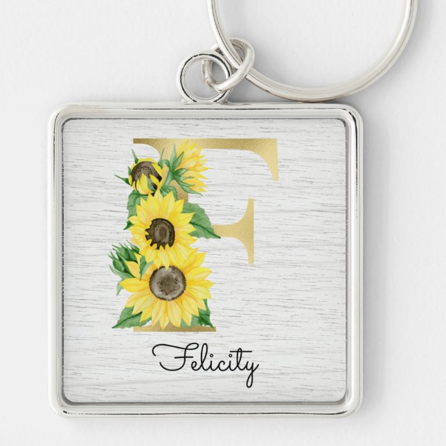 Monogram Gold Sunflower Girly Floral Initial F Schlüsselanhänger (Vorne)