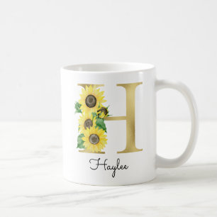 Monogram Gold Sunflower Girly Floral Initial H Kaffeetasse