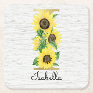 Monogram Gold Sunflower Girly Floral Initial I Rechteckiger Pappuntersetzer