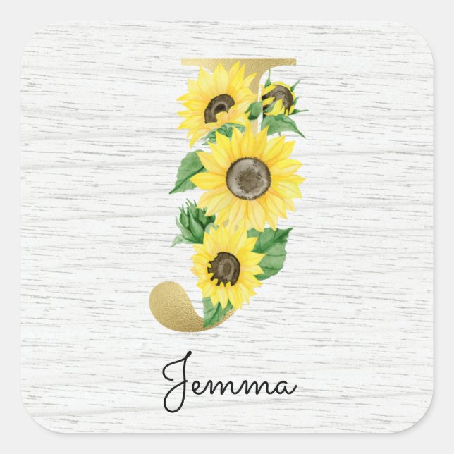 Monogram Gold Sunflower Girly Floral Initial J Quadratischer Aufkleber (Vorderseite)