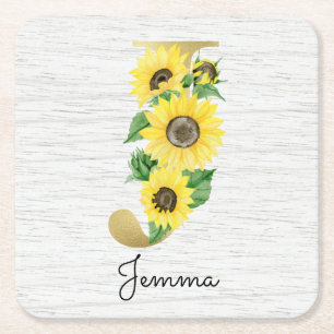 Monogram Gold Sunflower Girly Floral Initial J Rechteckiger Pappuntersetzer