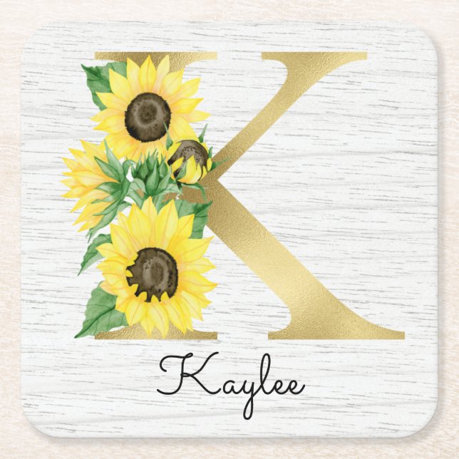 Monogram Gold Sunflower Girly Floral Initial K Rechteckiger Pappuntersetzer (Vorderseite)