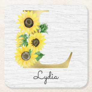 Monogram Gold Sunflower Girly Floral Initial L Rechteckiger Pappuntersetzer