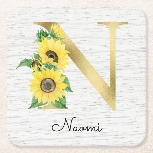 Monogram Gold Sunflower Girly Floral Initial N Rechteckiger Pappuntersetzer (Vorderseite)
