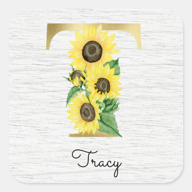 Monogram Gold Sunflower Girly Floral Initial Quadratischer Aufkleber (Vorderseite)