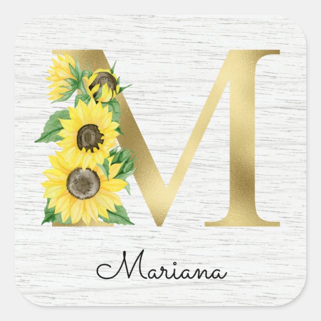 Monogram Gold Sunflower Girly Floral Initial Quadratischer Aufkleber (Vorderseite)