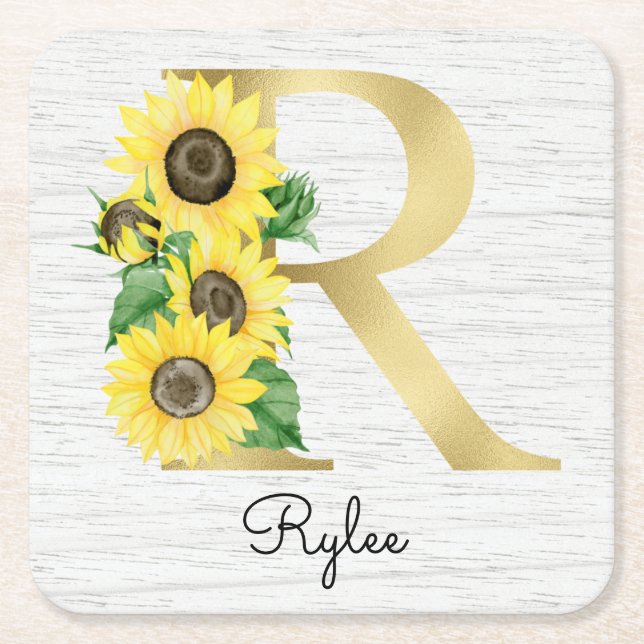 Monogram Gold Sunflower Girly Floral Initial R Rechteckiger Pappuntersetzer (Vorderseite)