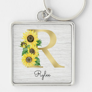 Monogram Gold Sunflower Girly Floral Initial R Schlüsselanhänger